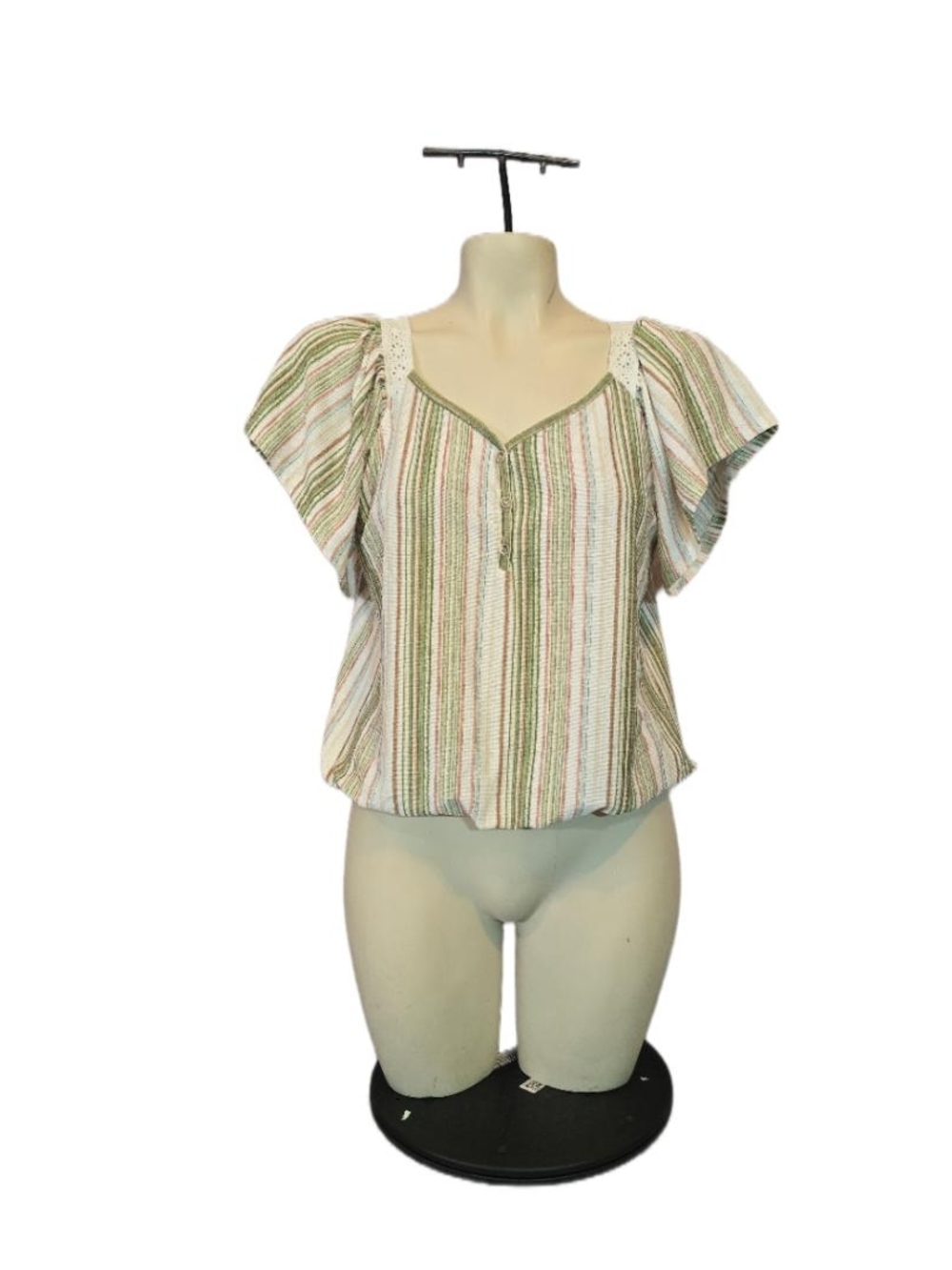 Cure Striped Green & Cream Flutter Sleeve Top Size Small